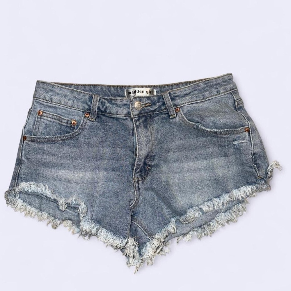 Madden Girl Y2K Denim Cutoff Shorts Juniors 9 Frayed Hem Low Rise